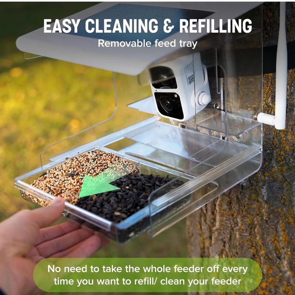 Bird Feeder Smart Camera Nest-Flix/Clear/Charging panel on top. Nature Anywhere.